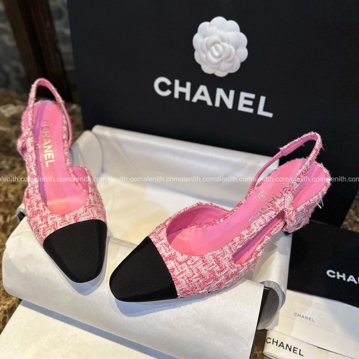 Chanel Pink Tweed High Heel Slingback Sandals